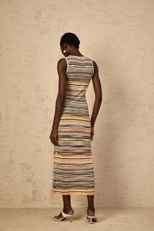 Aurohaya Quentin Yellow Striped Crochet Knit Midi Dress