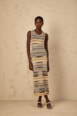Aurohaya Quentin Yellow Striped Crochet Knit Midi Dress