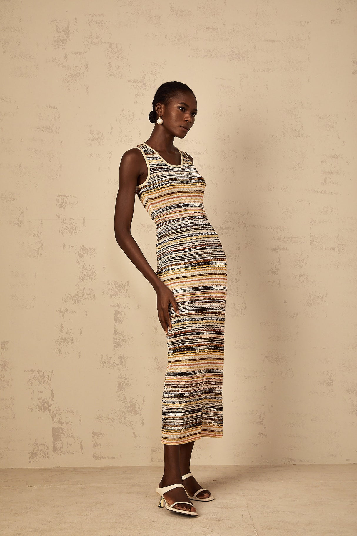 Aurohaya Quentin Yellow Striped Crochet Knit Midi Dress