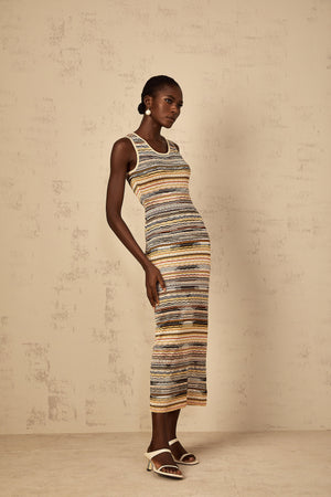 Aurohaya Quentin Yellow Striped Crochet Knit Midi Dress