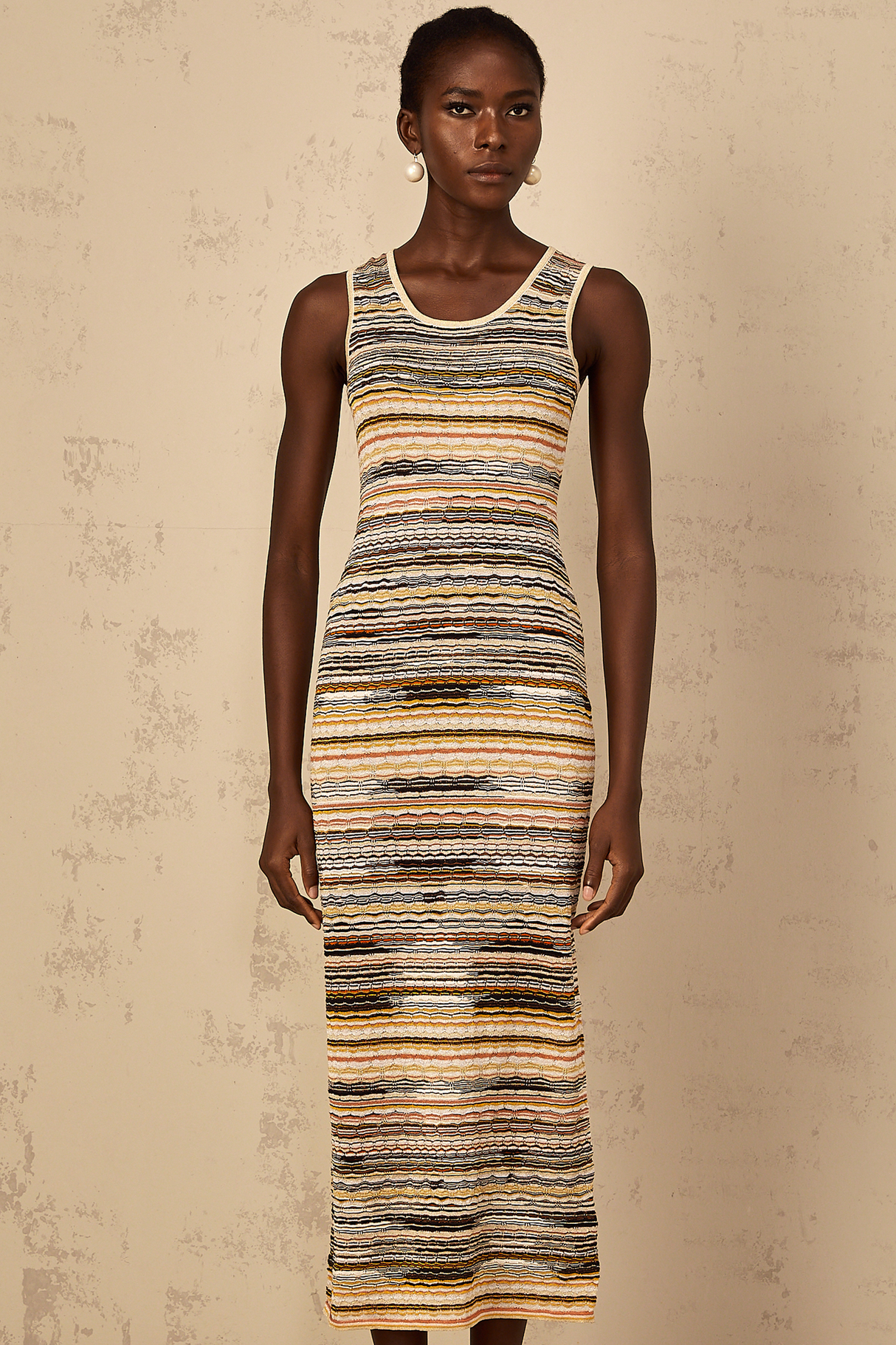 Aurohaya Quentin Yellow Striped Crochet Knit Midi Dress
