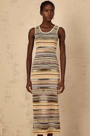 Aurohaya Quentin Yellow Striped Crochet Knit Midi Dress