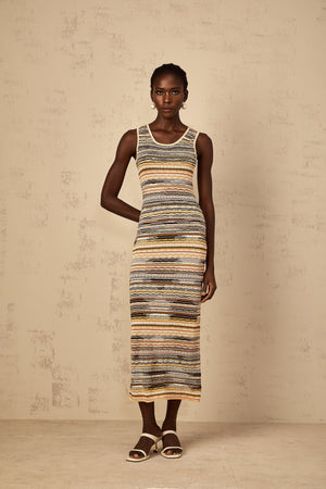 Aurohaya Quentin Yellow Striped Crochet Knit Midi Dress