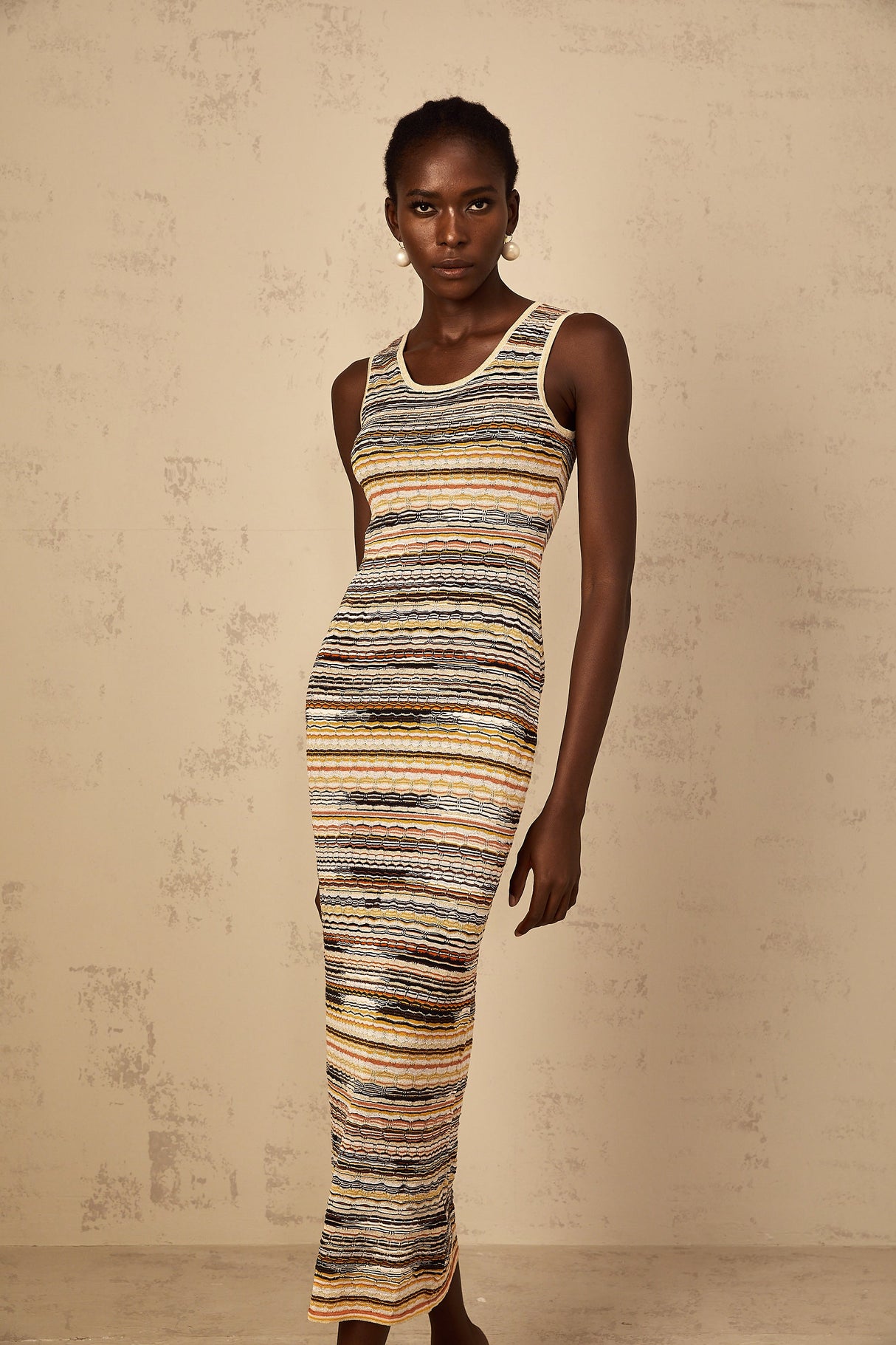 Aurohaya Quentin Yellow Striped Crochet Knit Midi Dress