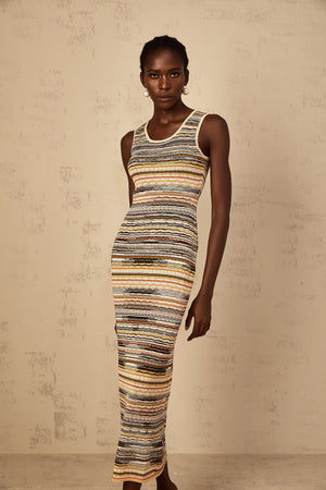 Aurohaya Quentin Yellow Striped Crochet Knit Midi Dress