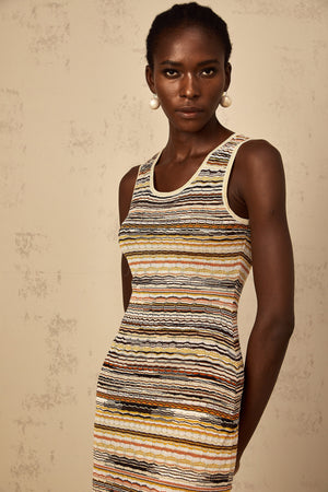 Aurohaya Quentin Yellow Striped Crochet Knit Midi Dress