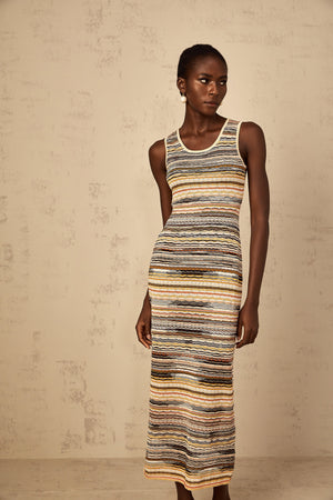 Aurohaya Quentin Yellow Striped Crochet Knit Midi Dress