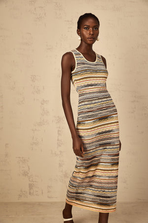 Aurohaya Quentin Yellow Striped Crochet Knit Midi Dress