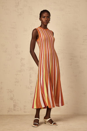 Aurohaya Abriana Orange Vertical Striped Knit Midi Dress