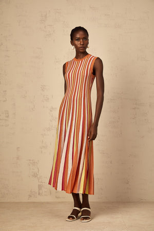 Aurohaya Abriana Orange Vertical Striped Knit Midi Dress