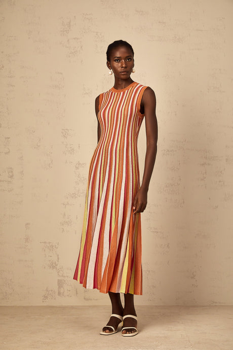 Aurohaya Abriana Orange Vertical Striped Knit Midi Dress