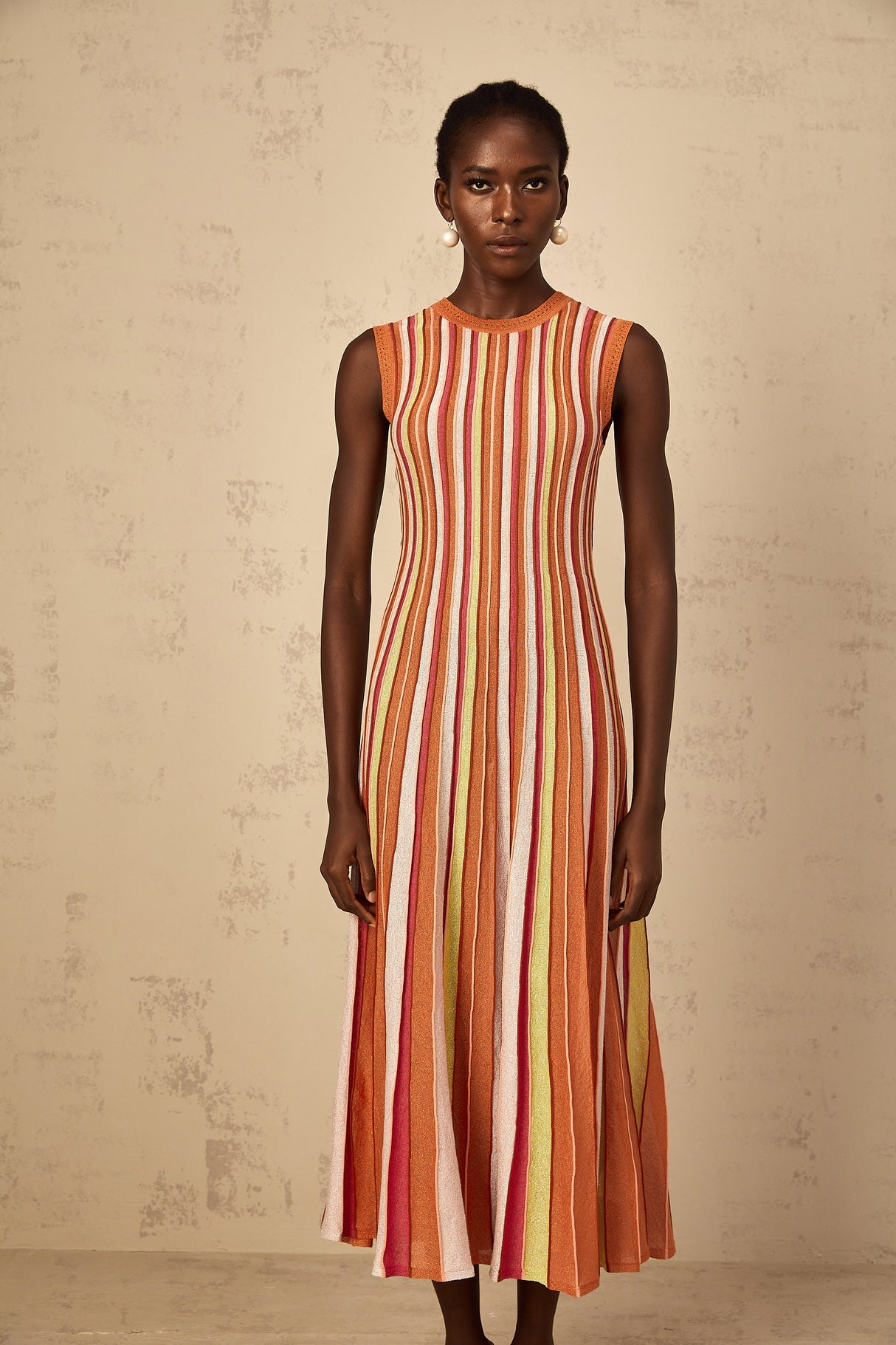 Aurohaya Abriana Orange Vertical Striped Knit Midi Dress