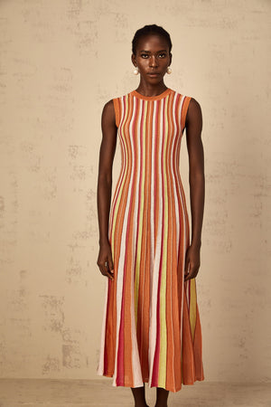Aurohaya Abriana Orange Vertical Striped Knit Midi Dress