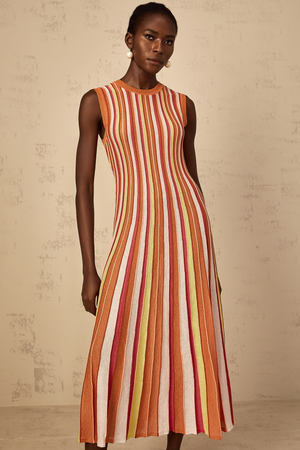 Aurohaya Abriana Orange Vertical Striped Knit Midi Dress