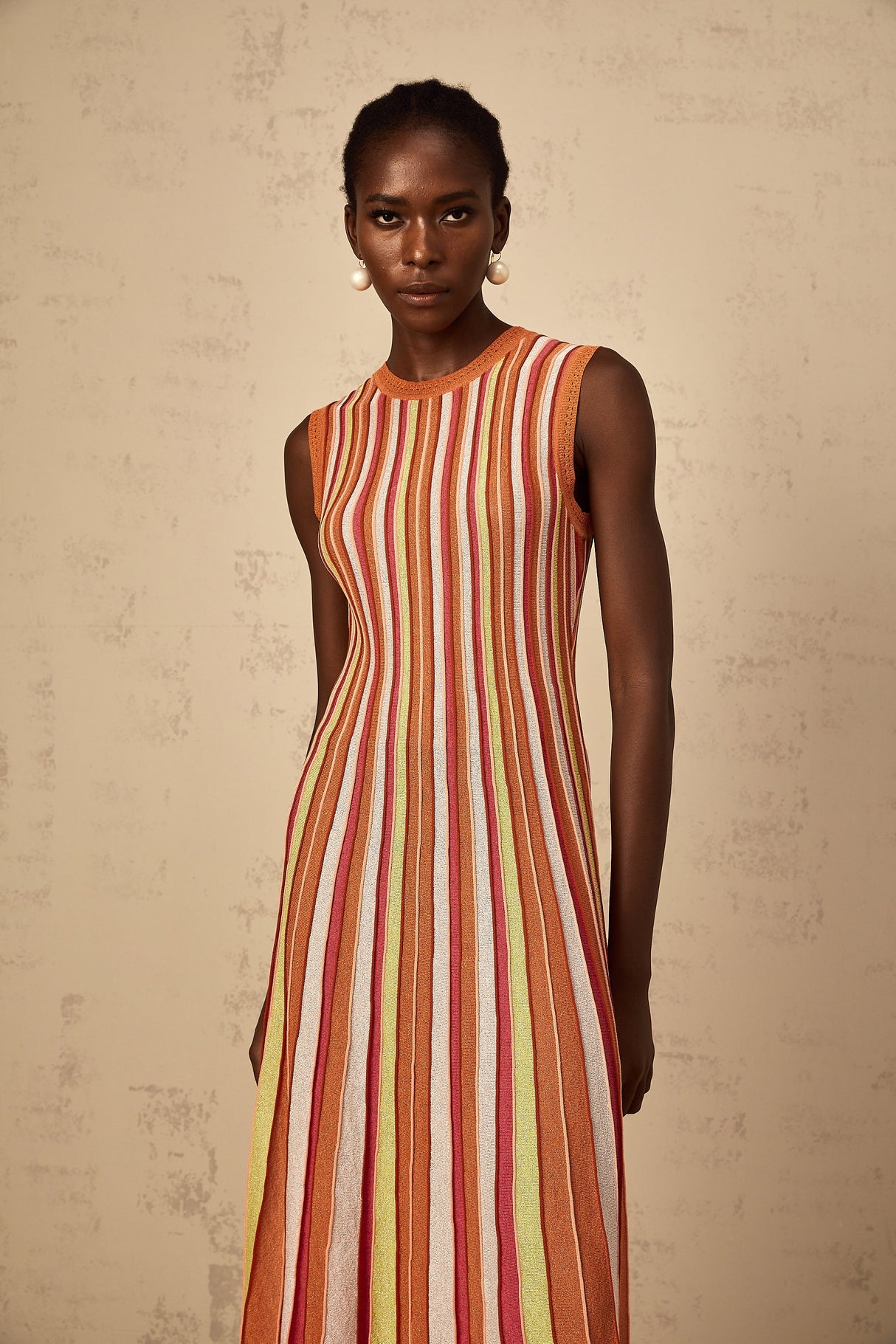 Aurohaya Abriana Orange Vertical Striped Knit Midi Dress