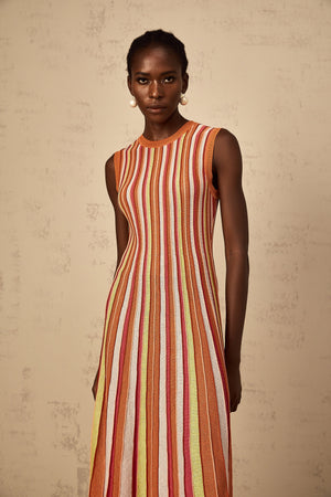 Aurohaya Abriana Orange Vertical Striped Knit Midi Dress