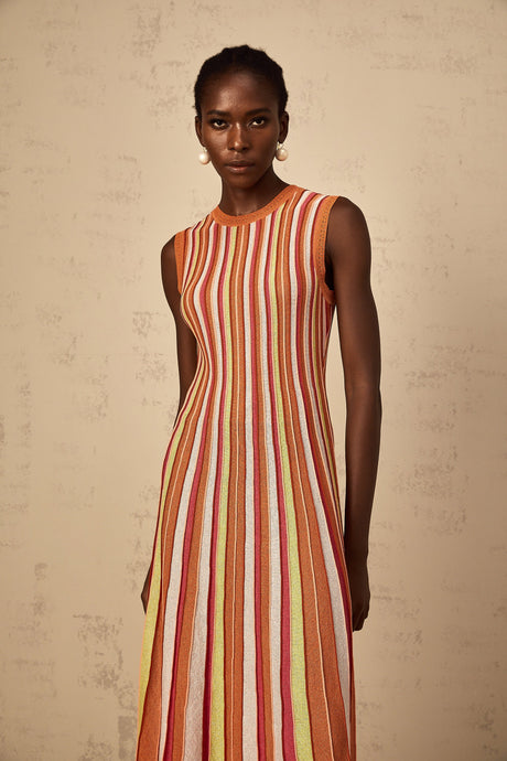 Aurohaya Abriana Orange Vertical Striped Knit Midi Dress