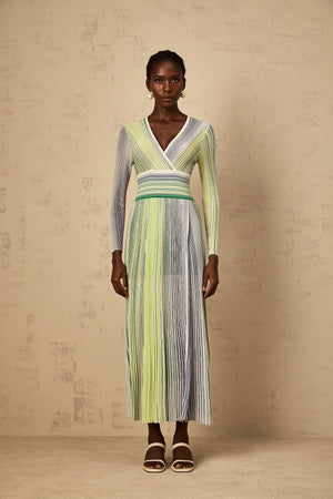 Aurohaya Amaryllis Green Long Sleeve Sequin Striped Knit Maxi Dress