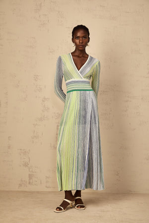 Aurohaya Amaryllis Green Long Sleeve Sequin Striped Knit Maxi Dress