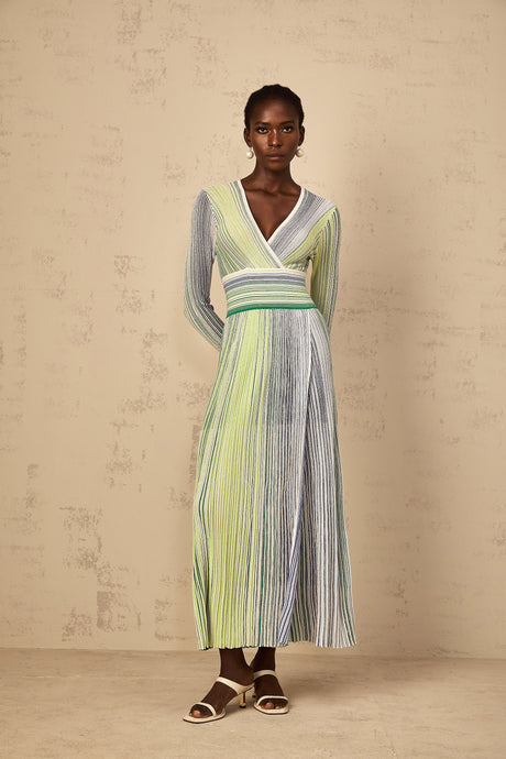 Aurohaya Amaryllis Green Long Sleeve Sequin Striped Knit Maxi Dress