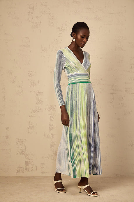 Aurohaya Amaryllis Green Long Sleeve Sequin Striped Knit Maxi Dress