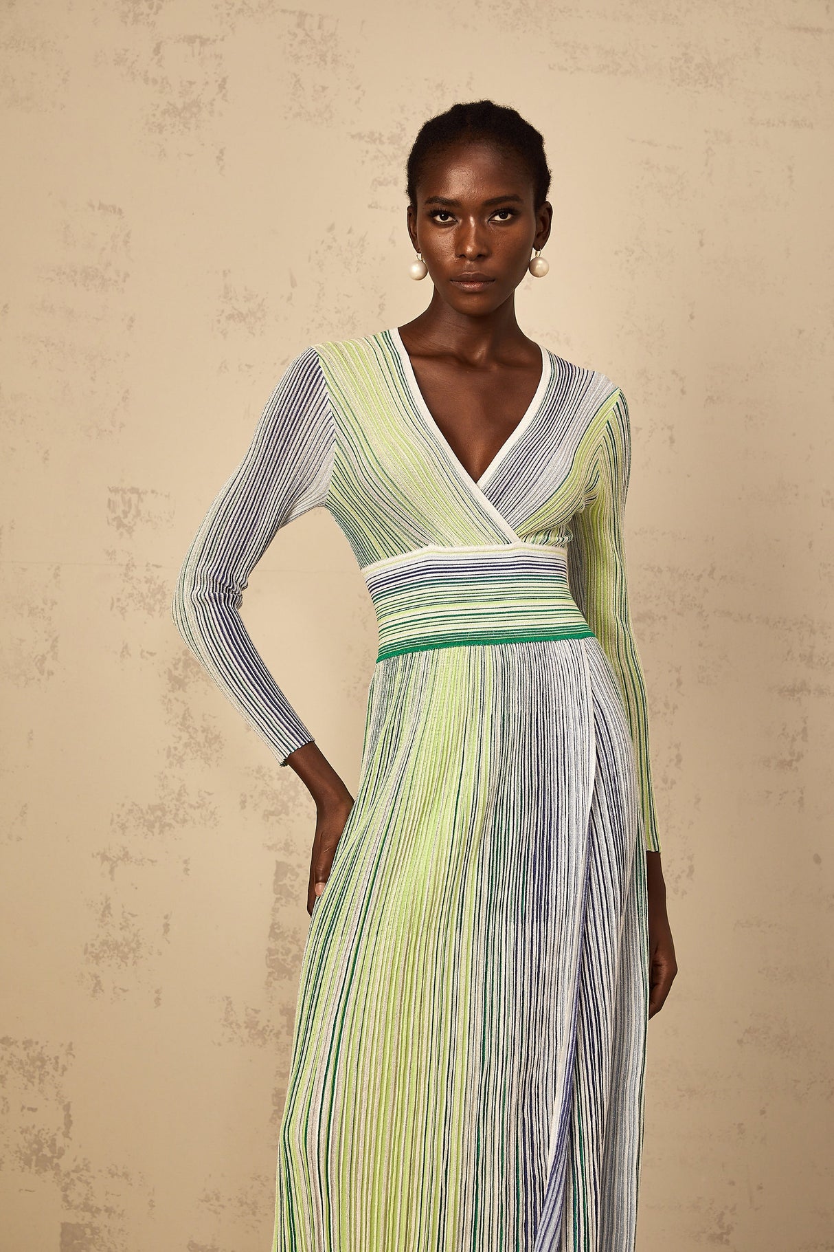 Aurohaya Amaryllis Green Long Sleeve Sequin Striped Knit Maxi Dress