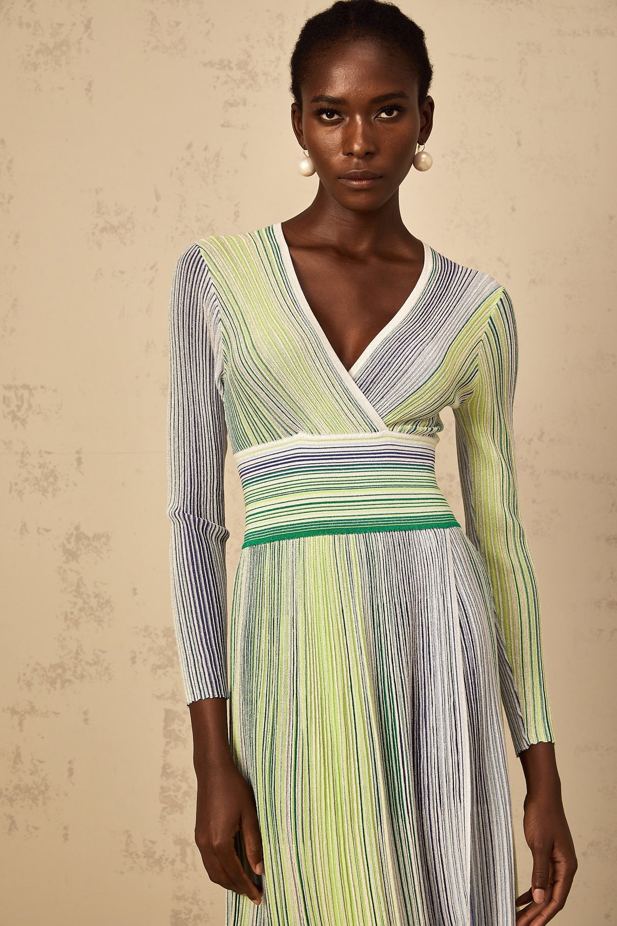 Aurohaya Amaryllis Green Long Sleeve Sequin Striped Knit Maxi Dress