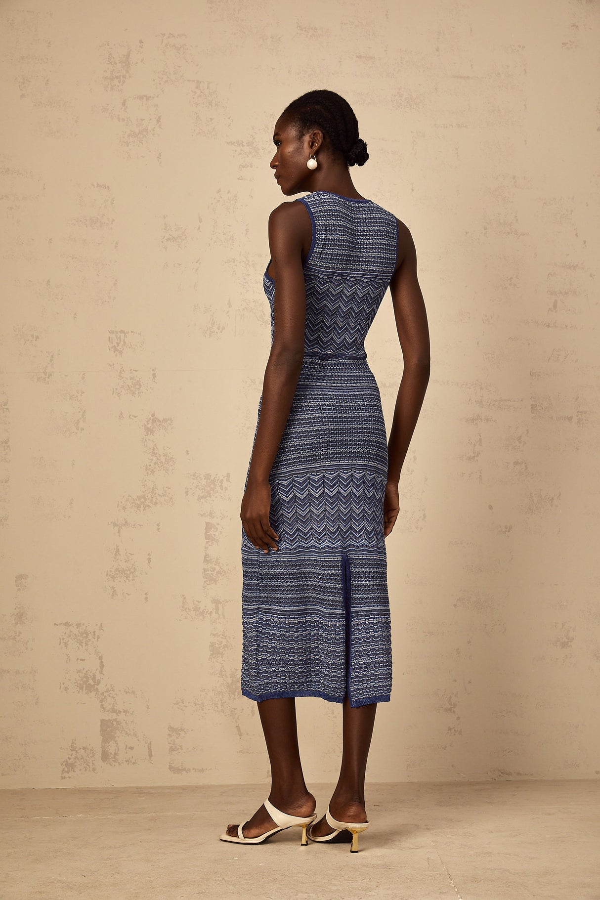 Aurohaya Ingrid Blue Wavy Crochet Knit Midi Dress