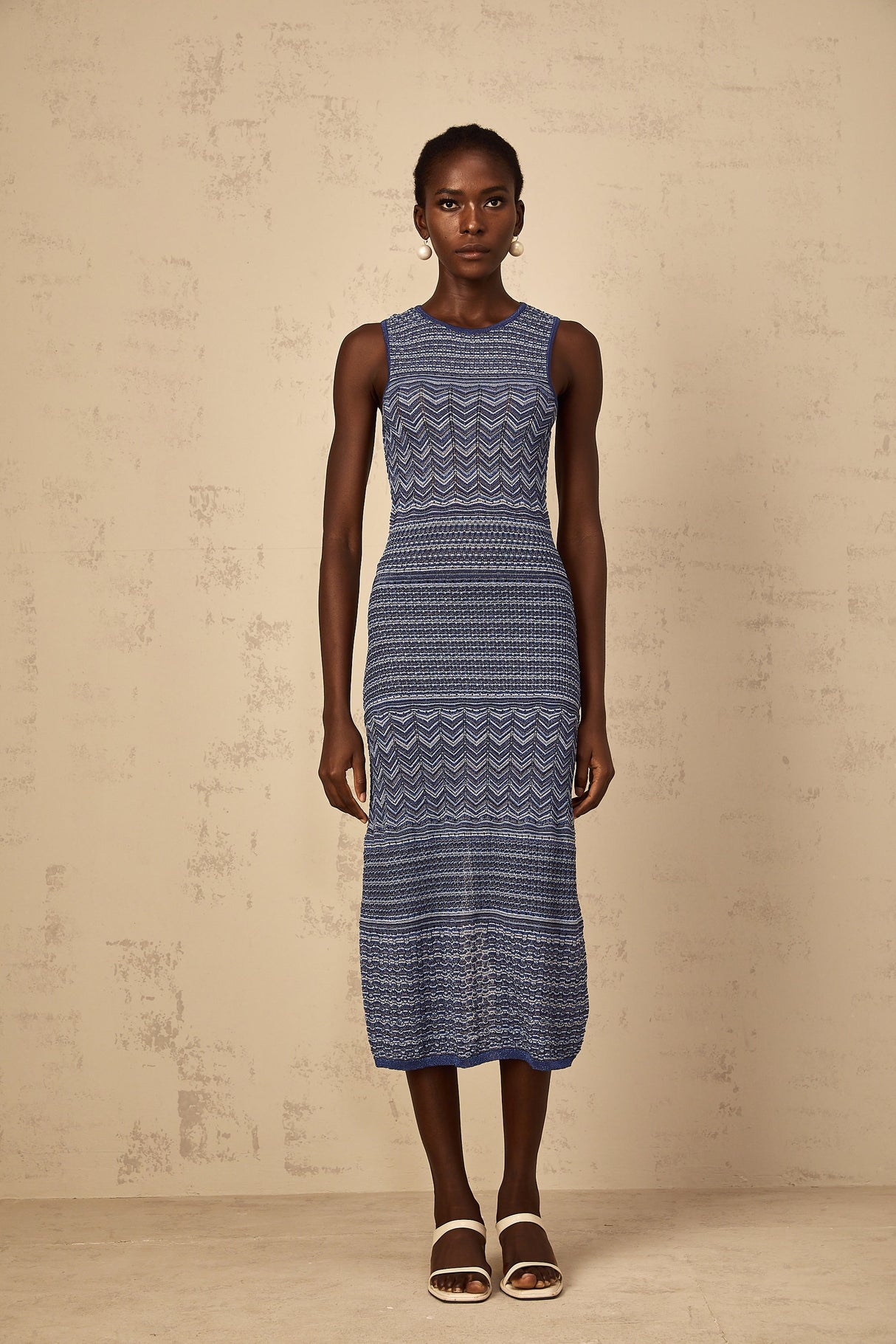 Aurohaya Ingrid Blue Wavy Crochet Knit Midi Dress