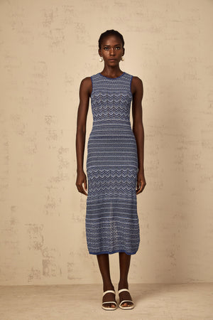 Aurohaya Ingrid Blue Wavy Crochet Knit Midi Dress