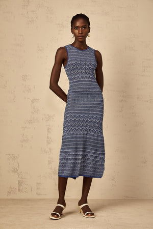 Aurohaya Ingrid Blue Wavy Crochet Knit Midi Dress