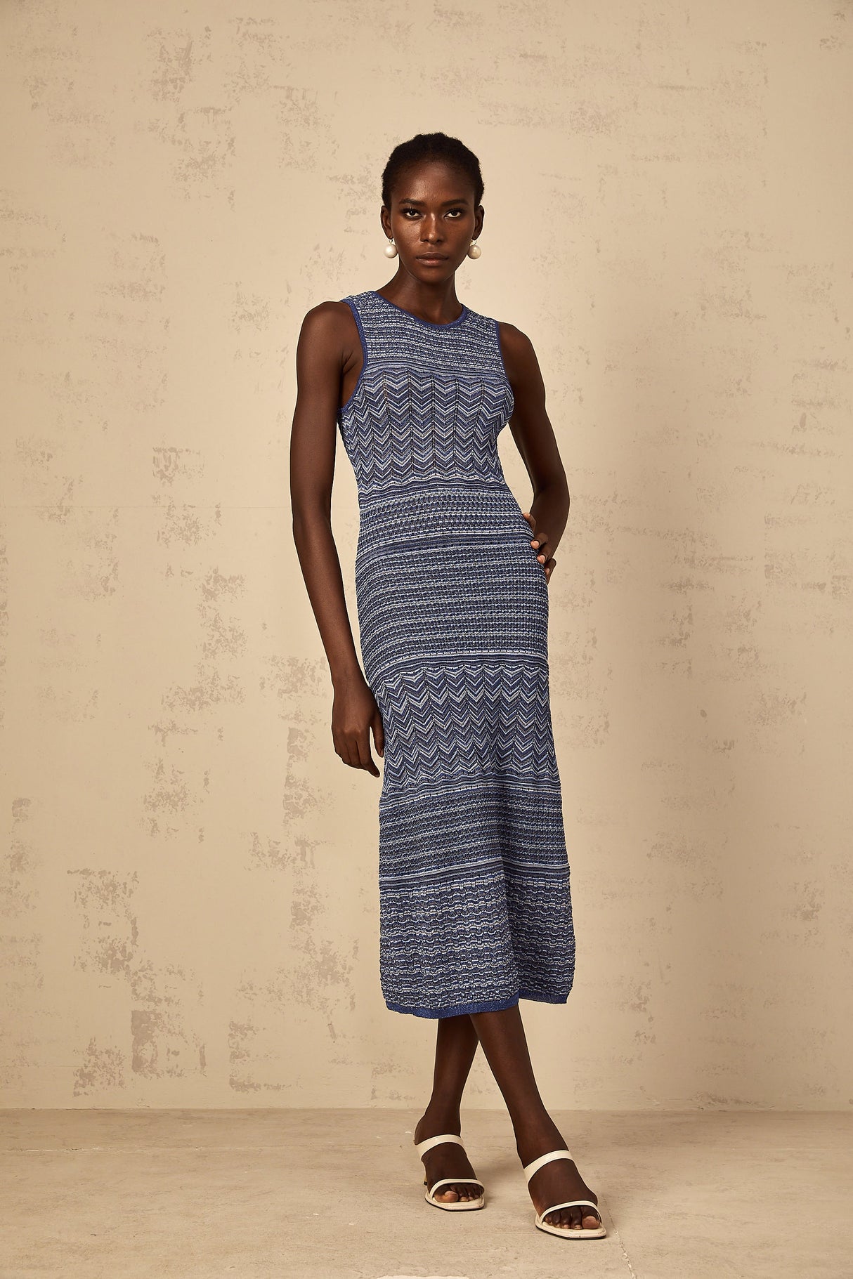 Aurohaya Ingrid Blue Wavy Crochet Knit Midi Dress