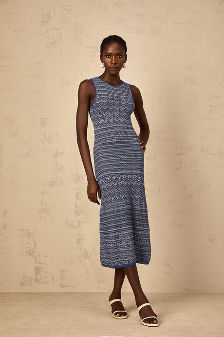 Aurohaya Ingrid Blue Wavy Crochet Knit Midi Dress