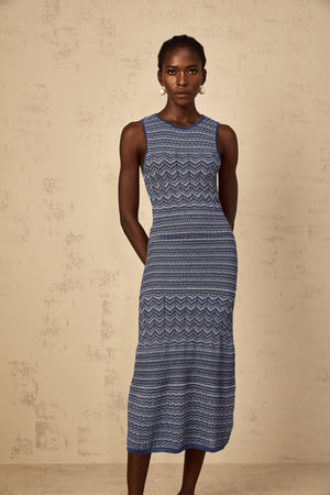 Aurohaya Ingrid Blue Wavy Crochet Knit Midi Dress