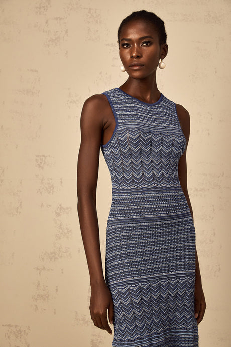 Aurohaya Ingrid Blue Wavy Crochet Knit Midi Dress