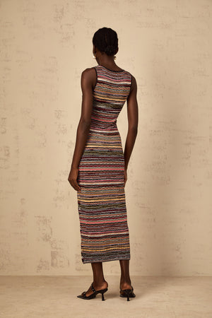 Aurohaya Quentin Purple Striped Crochet Knit Midi Dress