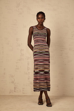 Aurohaya Quentin Purple Striped Crochet Knit Midi Dress