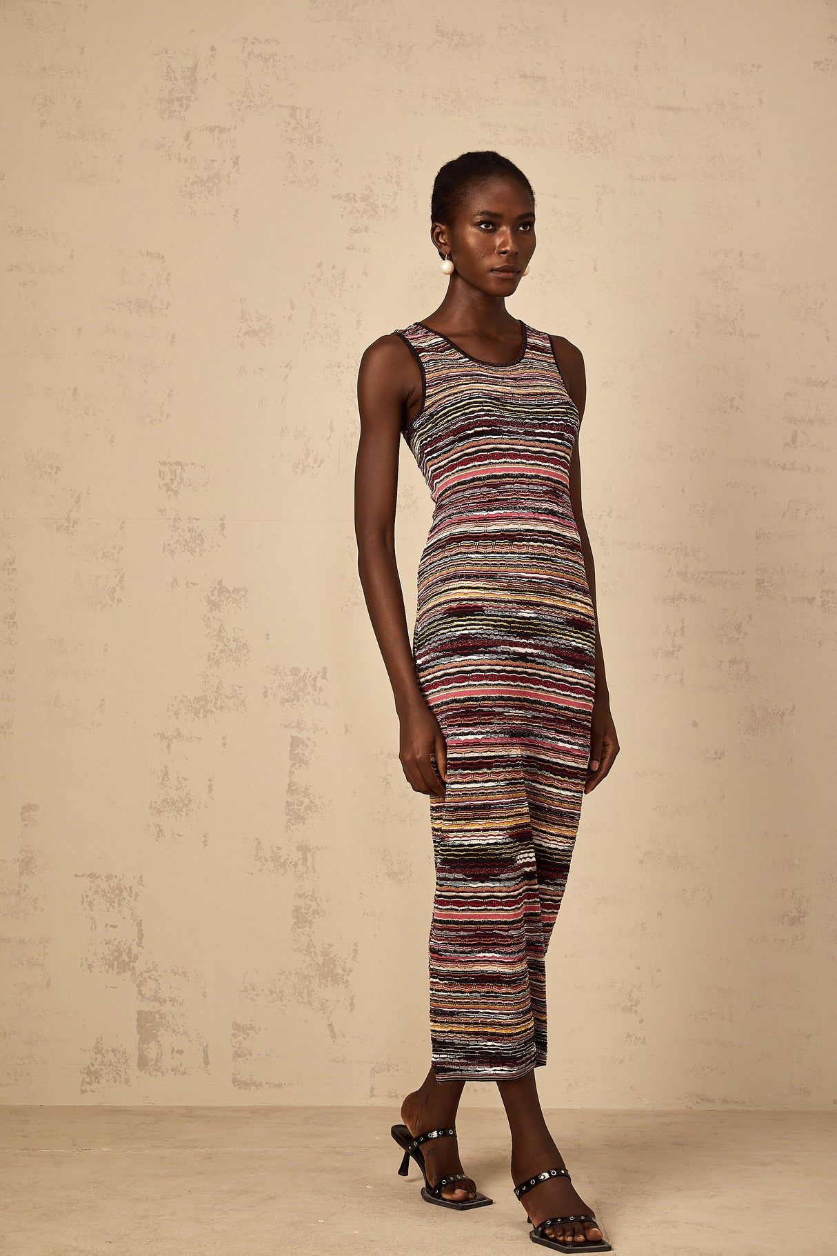 Aurohaya Quentin Purple Striped Crochet Knit Midi Dress