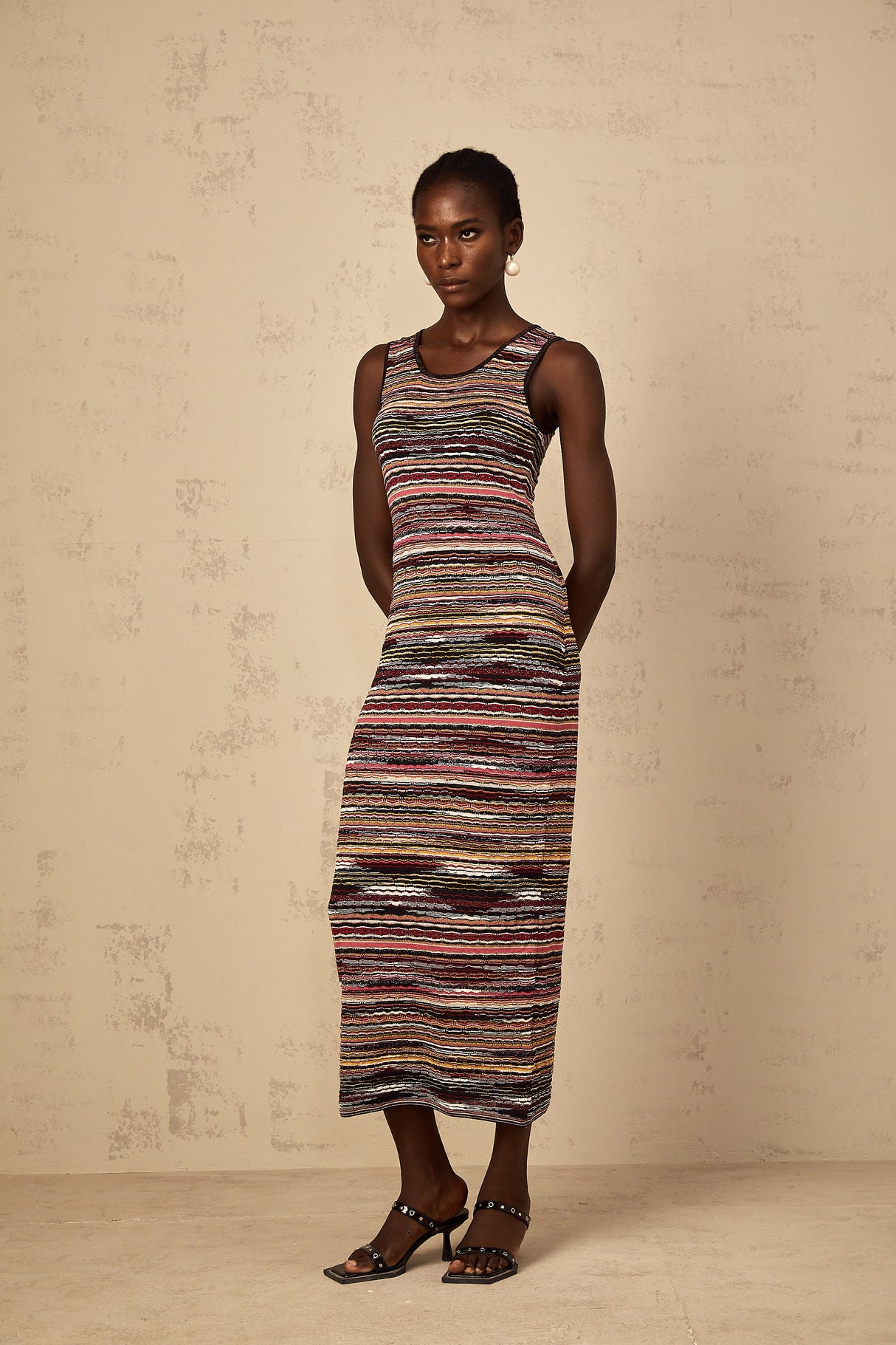 Aurohaya Quentin Purple Striped Crochet Knit Midi Dress