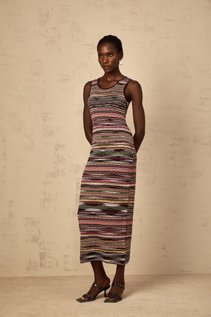 Aurohaya Quentin Purple Striped Crochet Knit Midi Dress