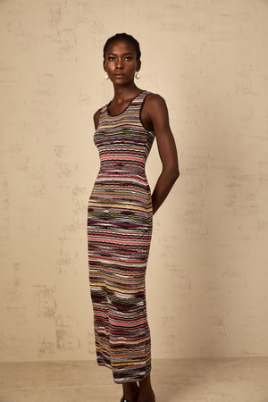 Aurohaya Quentin Purple Striped Crochet Knit Midi Dress