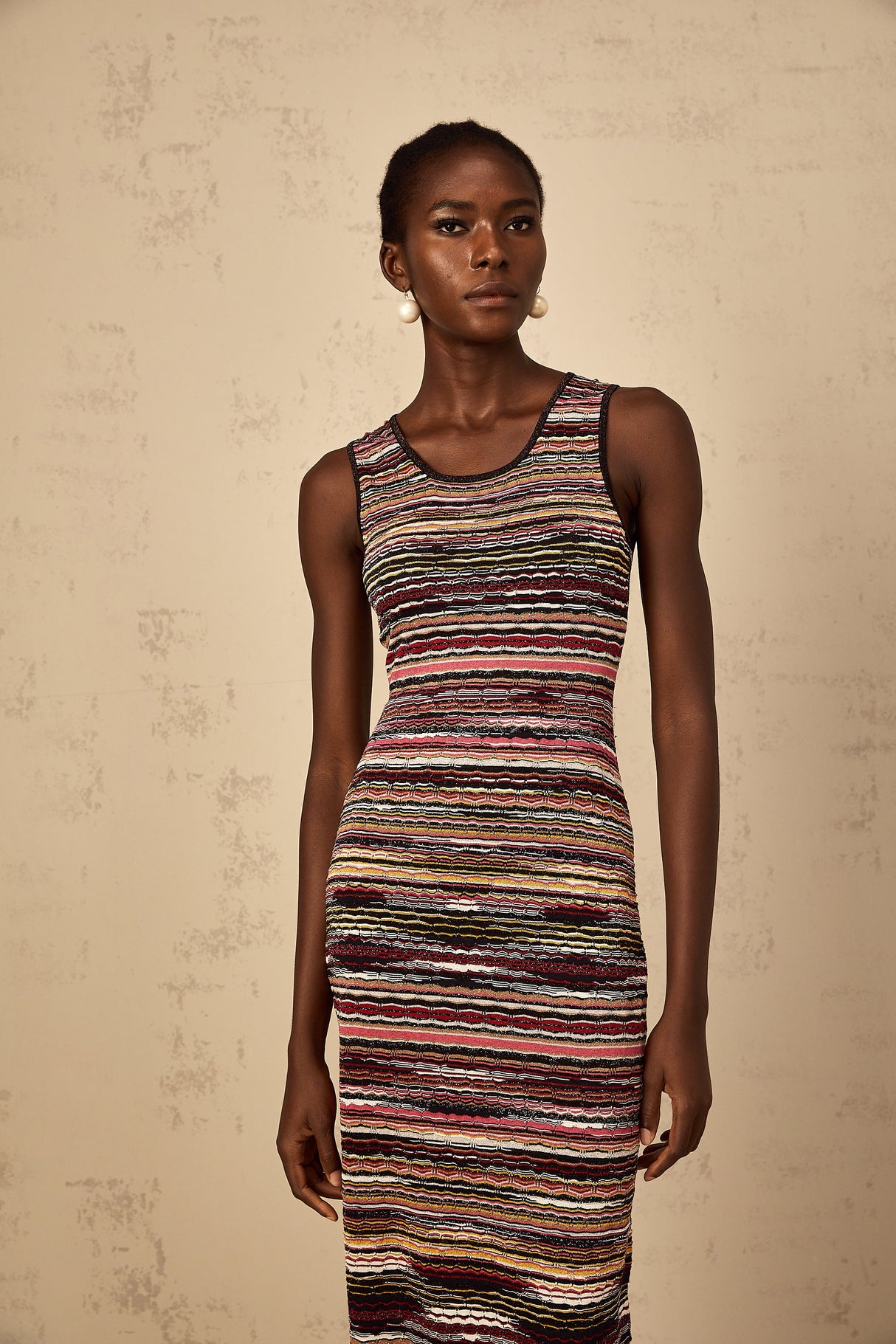 Aurohaya Quentin Purple Striped Crochet Knit Midi Dress
