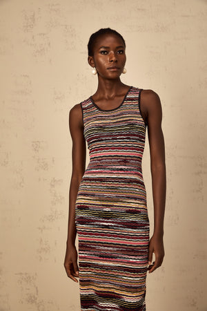 Aurohaya Quentin Purple Striped Crochet Knit Midi Dress