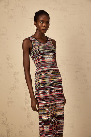 Aurohaya Quentin Purple Striped Crochet Knit Midi Dress