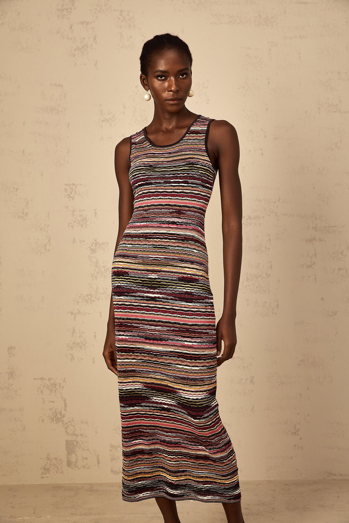 Aurohaya Quentin Purple Striped Crochet Knit Midi Dress