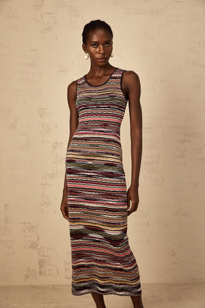 Aurohaya Quentin Purple Striped Crochet Knit Midi Dress
