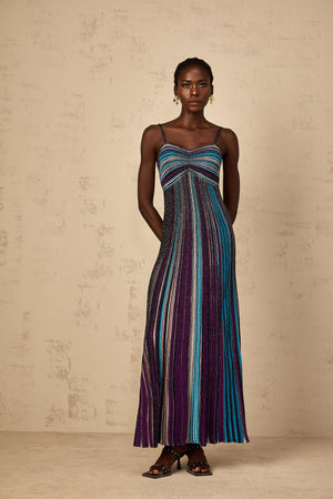 Aurohaya Bruyère Purple Sequin Striped Knit Maxi Dress