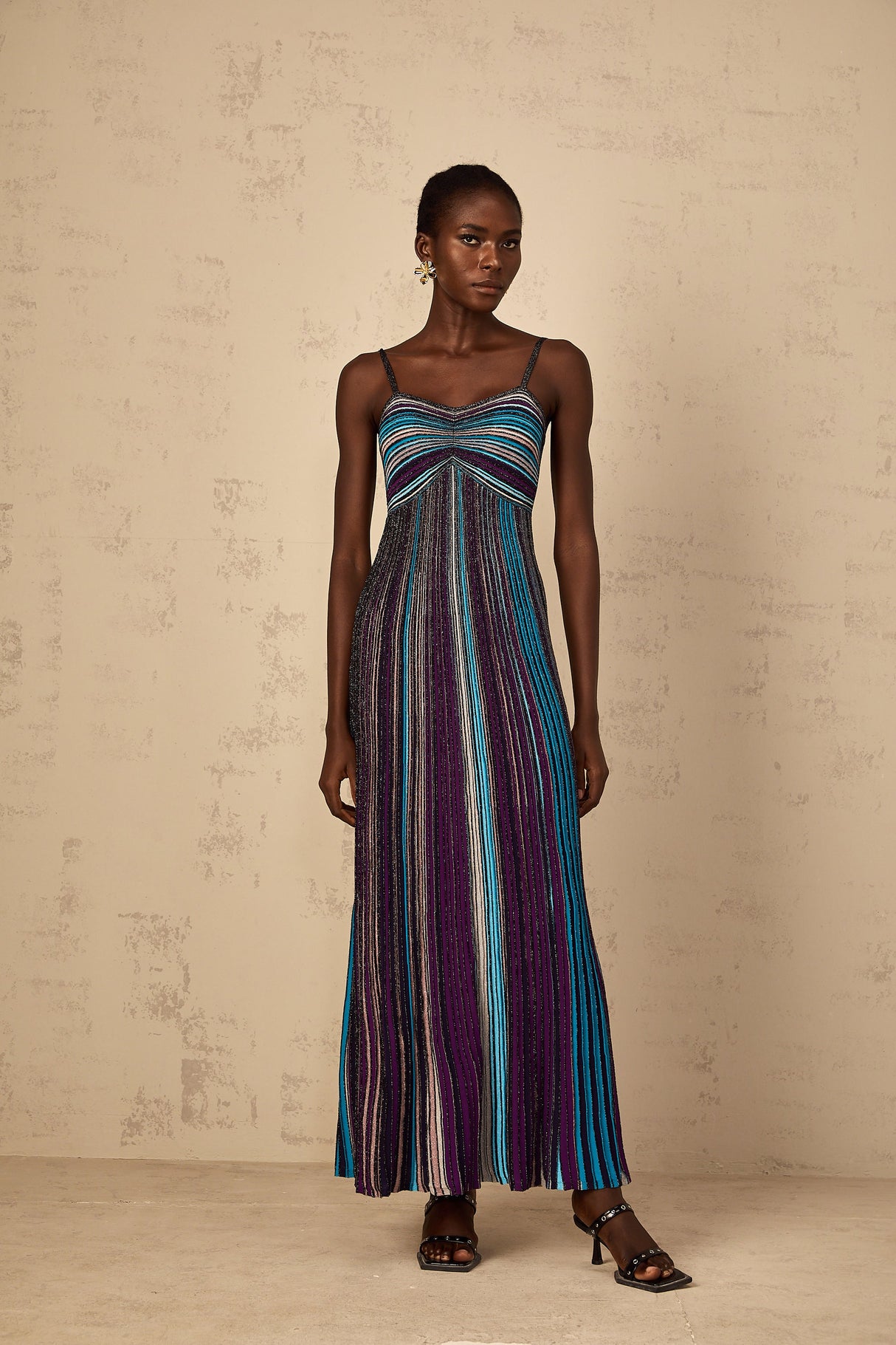 Aurohaya Bruyère Purple Sequin Striped Knit Maxi Dress