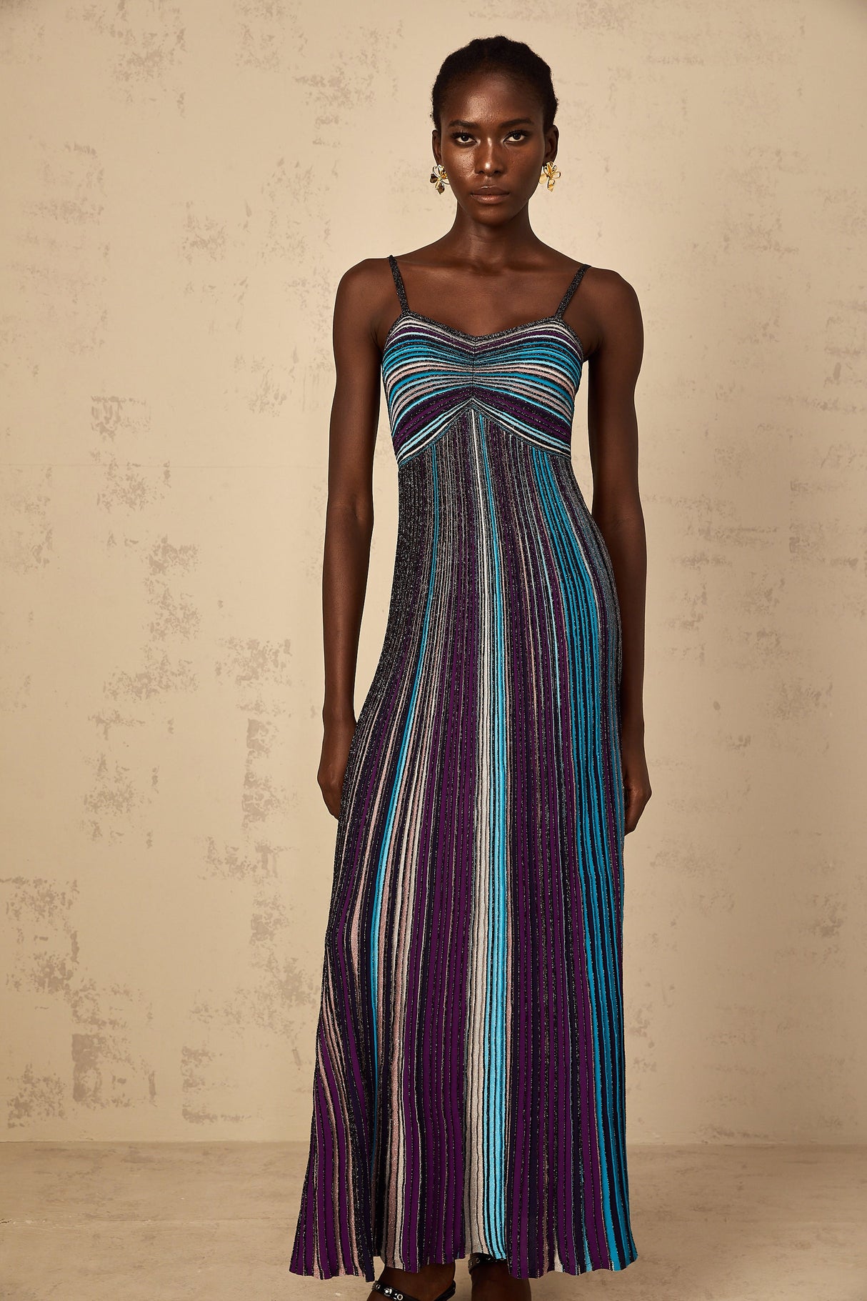 Aurohaya Bruyère Purple Sequin Striped Knit Maxi Dress