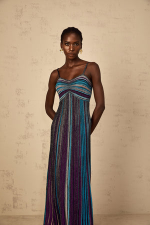 Aurohaya Bruyère Purple Sequin Striped Knit Maxi Dress